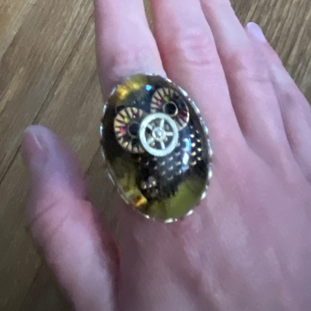 Owl in an oval with a gear design, elastic ring, one size fits all